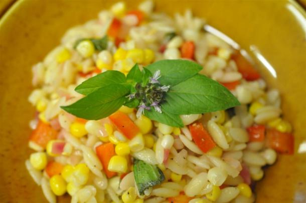 Basil, Corn, Orzo Salad With Basil Garnish 