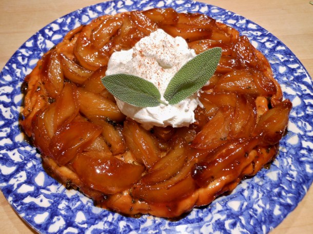 Apple-Sage Tarte Tatin With Sweeetened Whip Cream and Sage Garnish