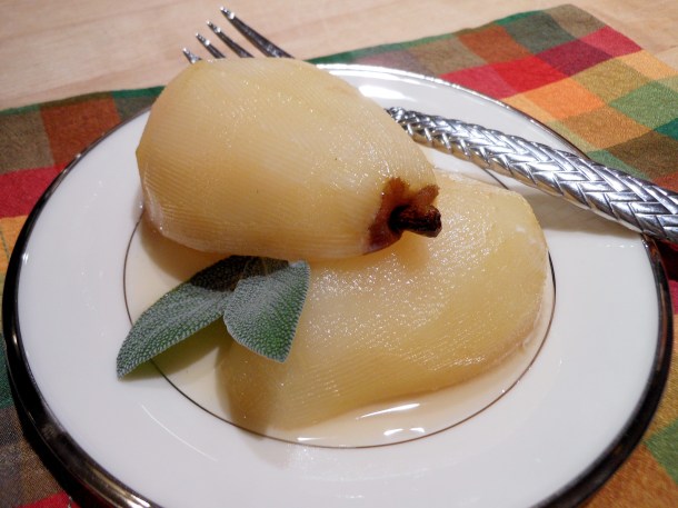 Poached Pear Dessert With Sage-Honey Glaze Poached Pear Dessert With Sage-Honey Glaze
