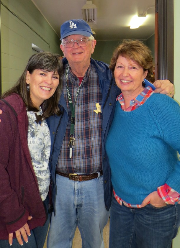 February birthday gardeners Kim Kirkhart and Jim Dempsey celebrate with Ann Lamb