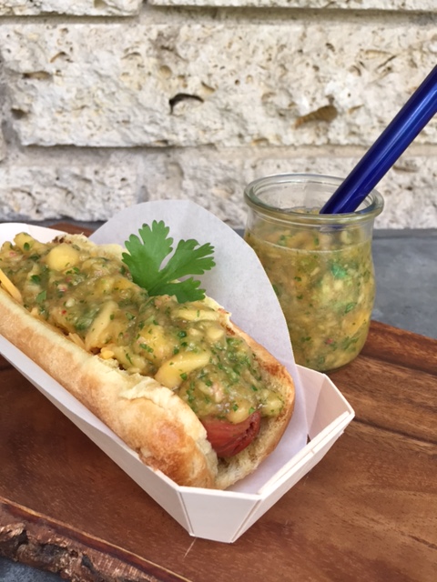 hot dog and peach jalapeno salsa